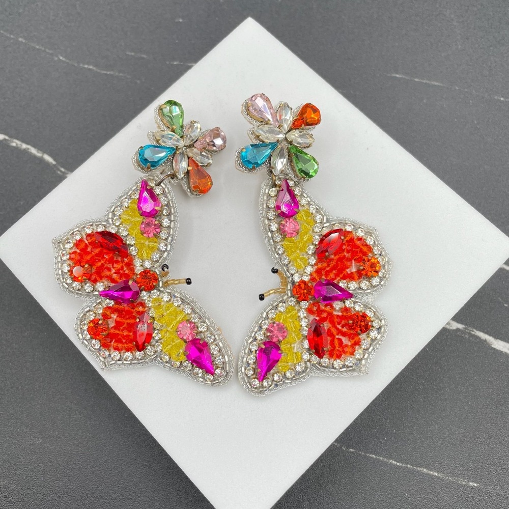 Classic Multicolor Faceted Glass Beads Prong Rhinestone‎ Butterfly Drop Earrings